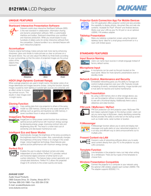 Page 2UNIQUE FEATURES
Tabletop PresentationMake any tabletop a projection screen using the optional tabletop stand. Ideal for a small group environment or in a room with limited space.
Cloning FunctionCopy setting data from one projector to others of the same model via USB memory. Cloning not only saves almost all PJ settings such as gamma and keystone via USB memory, it saves countless hours in setup and installation.settings settings
Intelligent Eco and Saver ModesAutomatically changes the brightness of the...