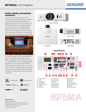 Page 3Quality, reliability and installation 
convenience.
From mid-size to very large auditoriums and 
conference halls, Dukane’s 8975WUA LCD projector 
is the perfect solution. With 5,000 ANSI lumens 
brightness and WUXGA 1920 x 1200 resolution, the 
8975WUA will deliver dynamic images guaranteed 
to dazzle any audience. Incorporating Dukane’s 
leading-edge technology, the 8975WUA features 
high contrast ratio, long lamp life, picture by picture 
so you can project two images on one screen at the 
same time,...