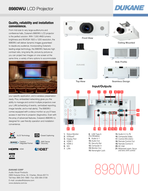 Page 3Quality, reliability and installation 
convenience.
From mid-size to very large auditoriums and 
conference halls, Dukane’s 8980WU LCD projector 
is the perfect solution. With 7,000 ANSI lumens 
brightness and WUXGA 1920 x 1200 resolution, the 
8980WU will deliver dynamic images guaranteed 
to dazzle any audience. Incorporating Dukane’s 
leading-edge technology, the 8980WU features high 
contrast ratio, long lamp life, picture by picture so 
you can project two images on one screen at the 
same time, a...