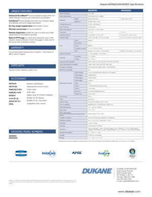 Page 4  Additional accessories are available, including screens, carts, mount \
accessories and replacement cables. Visit 
www.dukaneav.com for details.HDMI, the HDMI Logo and High-Definition Multimedia Interface are trademarks or registered tra\
demarks of HDMI Licensing LLC. All 
other brand or product names are trademarks or registered trademarks of their respective holders\
. Product specifications subject to 
change. DUKANE CORPORATION
Audio Visual Products
2900 Dukane Drive
St. Charles, IL 60174...