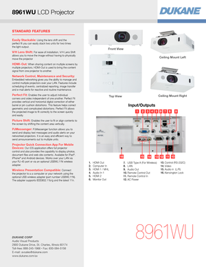 Page 38 9 61W U
Easily Stackable: Using the lens shift and the  perfect fit you can easily stack two units for two times  the light output.
V/H Lens Shift: For ease of installation, V/H Lens Shift allows you to move the image without having to physically move the projector
HDMI-Out: When sharing content on multiple screens by multiple projectors, HDMI-Out is used to bring the content signal from one projector to another.
Network Control, Maintenance and Security: Embedded networking gives you the ability to...