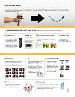 Page 3Simplify your installations with HDBaseT. Optimized for video applications and supporting uncompressed full HD digital video, audio, ethernet, power 
and various control signals.  With only a single cable (up to 100m) to run, infrastructure and labor costs are reduced, installations are significantly easier, 
and there is no cable clutter to manage. With uncompressed HD video support, images have never been more stunning.  What’s more, control signals 
are contained in the same cable.
Built-In HDBaseT...