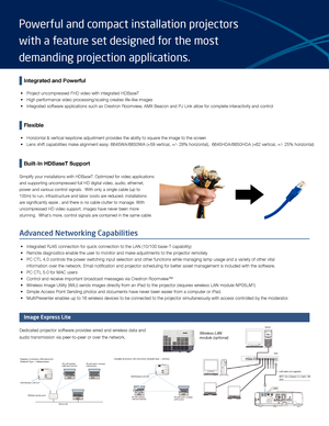 Page 2Integrated and Powerful
•Project uncompressed FHD video with integrated HDBaseT
•
High performance video processing/scaling creates life-like images
•
Integrated software applications such as Crestr

on Roomview, AMX Beacon and PJ Link allow for complete interactivity and control
Flexible • Horizontal & vertical keystone adjustment provides the ability to square the image to the screen
• Lens shift capabilities make alignment easy: 6645WA/6650WA (+59 vertical, +/- 28% horizontal),  6645HDA/6650HDA (+62...