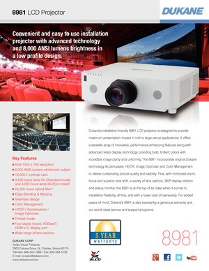 Page 1Convenient and easy to use installation 
projector with advanced technology  
and 8,000 ANSI lumens brightness in  
a low profile design.
Key Features
■  XGA 1024 x 768 resolution
■  8,000 ANSI lumens white/color output
■  10,000:1 contrast ratio
■  3,000 hours lamp life (Standard mode) 
and 4,000 hours lamp life (Eco mode)* 
■  20,000 hours hybrid filter** 
■  Edge Blending & Warping
■  Seamless design
■  Color Management
■  HDCR / Accentualizer /  
Image Optimizer 
■  Portrait mode
■  Four digital...