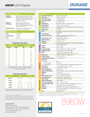 Page 4Accessories and Lenses
Supplied  AccessoriesRemote control, power cord, computer cable, A A batteries x 2, adapter cover, terminal cover, manual CD, user's manual, application CD, security label, HDMIbracket x 2, binder x 2
Optional  AccessoriesWireless adapter (USBWL11N),MS-1 wired multifunction switcher,MS-1WL wireless multifunction switcher,wireless pen tablet TB-1
Optional Lenses5 optional lenses are available, FL701, SL712, ML713, LL704, UL705
Replacement Parts
Lamp456-8980WU
Remote...