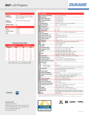 Page 4*   Actual filter life will vary by individual filter based on environmental conditions, selected operating mode, user settings and usage. H\
ours of average filter life specified are not guaranteed and do not constitute part of the product warranty.**   Lamp limited warranty period is 5 years or 10,000 hours of use, whicheve\
r occurs earlier. See Dukane 8527 Limited Warranty for complete details.
Accessories and Lenses
Supplied  AccessoriesRemote control, power cord, computer cable, 2 A A batteries,...