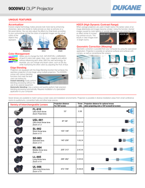 Page 2Dukane America, Ltd. Toll Free: 1.800.Dukane • Email: dmd.info@hal.Dukane.com   Web: Dukane-america.us/projectors Blog: dmd.Dukane-america.us/blog
HI0490-04/16All specifications subject to change without notice.DLP® and the DLP logo are registered trademarks of Texas Instruments.©2016 Dukane America, Ltd. All Rights Reserved.
UNIQUE FEATURES
AccentualizerDukane original technology makes pictures look more real by enhancing sharpness, gloss and shade to make pictures as clear as pictures on a flat-panel...