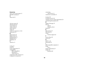 Page 4342
Numerics
16x9 vs 4x3 screen aspect 11
800x600 resolution 4AAbout 34, 35
Advance menu 32
altitude limits 39
Aspect Ratio 34
Aspect ratio 30
aspect ratio 11
Audio 33
Audio In connector 6, 13, 26
Autosource 33BBlank button 27
Blank Screen 34
blinking green 17
blinking red 17
Brightness 30Ccable box 11
Ceiling 33
Color 30
Color Temperature 32
compatibility
IBM-compatible 4
Macintosh 4
video devices 4
component cable connector 14
Computer In connector 6 connecting
video device 11
connectors on module 12...