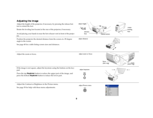 Page 98
Adjusting the imageAdjust the height of the projector, if necessary, by pressing the release but-
ton to extend the foot. 
Rotate the leveling foot located at the rear of the projector, if necessary.
Avoid placing your hands in near the hot exhaust vent in front of the projec-
tor.
Position the projector the desired distance from the screen at a 90 degree 
angle to the screen. 
See page 40 for a table listing screen sizes and distances.
Adjust the zoom or focus.
If the image is not square, adjust the...