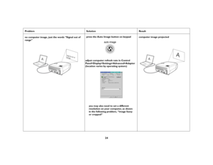 Page 2524
Problem Solution Result
no computer image, just the words “Signal out of 
range” press the Auto Image button on keypad
computer image projected
A
Signal out of
range
Panel>Display>Settings>Advanced>Adapter
(location varies by operating system)
you may also need to set a different 
resolution on your computer, as shown
in the following problem, “image fuzzy
or cropped” adjust computer refresh rate in Control 
A
A 