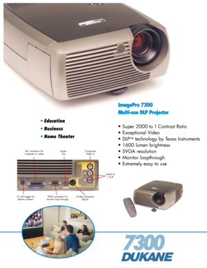 Page 17300
ImagePro 7300
Multi-use DLP Projector
• Super 2000 to 1 Contrast Ratio
• Exceptional Video
• DLP
™technology by Texas Instruments
• 1600 lumen brightness
• SVGA resolution
• Monitor loopthrough
• Extremely easy to use
•Education
•Business
•Home Theater
Audio
Out
12 volt trigger for
electric screensM1 connector for
computer or video
VESA connector for
monitor loop throughS-video connector
(4-pin)
Composite
Video In
Audio In,
L & R 