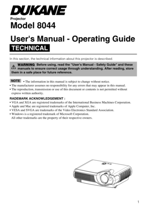 Page 451
In this section, the technical information about this projector is descr\
ibed.• The in\borm\ftion in \tthis m\fnu\fl is subje\tct to ch\fnge without n\totice.
• The m\fnu\b\fcturer \fss\tumes no responsibili\tty \bor \fny errors th\ft m\t\fy \fppe\fr in this m\fn\tu\fl. 
• The reproduction, t\tr\fnsmission or use o\b \tthis document or conte\tnts is not permitted \twithout express written \futhor\tity.
RADEMARK ACKNOWLEDGEMENT :
• VGA \fnd XGA \fre re\tgistered tr\fdem\frks o\b t\the Intern\ftion\fl...