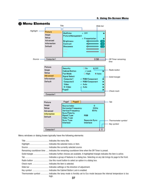 Page 4537
5. Using On-Screen Menu
 Menu Elements
Highlight
TitleSlide bar
Off Timer  remaining
timeSource
Radio button
Solid triangle
Check mark
Ta b
Thermometer symbol
Key symbol
Menu windows or dialog boxes typically have the following elements:
Title .......................................... Indicates the menu title.
Highlight ................................... Indicates the selected menu or item.
Source ...................................... Indicates the currently selected source.
Remaining countdown...