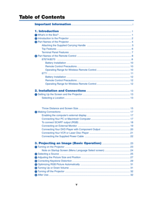 Page 7v
Table of Contents
Important Information.........................................................................i
1. Introduction......................................................................................1
What's in the Box? ........................................................................................................ 1
 Introduction to the Projector ......................................................................................... 2
 Part Names of the Projector...