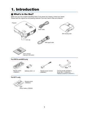 Page 91
 What's in the Box?
Make sure your box contains everything listed. If any pieces are missing, contact your dealer.
Please save the original box and packing materials if you ever need to ship your projector.
Z
O
O
MF
O
CUS
SELECTLAMP
STATUS
POWER
VIDEOS-VIDEO
COMPUTER-1
COMPUTER-2
ON/STAND BY
AUTO
ADJ.Projector
Lens capPower cable
RGB signal cableSoft carrying case
Important
Information
Users manual
Important Information
1. Introduction
For8767A and8070 only
V
O
L
U
M
E S
-
V
ID
E
O V
I
D
E
O L
-...