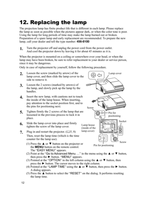 Page 12
2

12. Replacing the lamp
The projection lamp has finite product life that is different in each lamp. Please replace 
the lamp as soon as possible when the pictures appear dark, or when the \
color tone is poor. 
Using the lamp for long periods of time may make the lamp burned out or \
broken. 
Preparation of a spare lamp and early replacement are recommended. To prepare the new 
lamp, call your dealer and tell the type number: 456-8100
1.Turn the projector off and unplug the power cord from the...