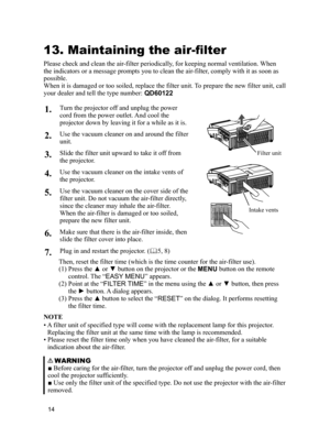 Page 14
4

13. Maintaining the air-filter 
Please check and clean the air-filter periodically, for keeping normal ventilation. When 
the indicators or a message prompts you to clean the air-filter, comply with it as soon as 
possible. 
When it is damaged or too soiled, replace the filter unit. To prepare the new filter unit, call 
your dealer and tell the type number: QD60122
1.Turn the projector off and unplug the power 
cord from the power outlet. And cool the 
projector down by leaving it for a while as...