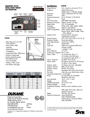 Page 2AudioIn  1 
Component Video 
(RCAx3)
Control  RS-232Computer 
RGB in 2
Kensington Lock Slot
Computer 
RGB in 1Monitor  Out
AudioIn  2 
Audio Out 
Audio In 3Video
Specif ications        8101H
Image Element          0.63” polysilicon active-matrix TFT x3
Brightness  2500 ANSI lumens
  (2000 lumens in Whisper Mode)
Resolution  1024 x 768 pixels (H X V), XGA
Contrast  500:1
Scanning Frequency  fh 15 -106 kHz, fv 50-120 Hz
Lens  Fixed
Lens Throw Ratio  SEE TABLE THIS PAGE
Keystone Correction  Digital,...