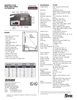 Page 2FEATURES
• Ultra Short (4 to 31 inch)               
  throw distance
• XGA (1024 x 768) 
   resolution
• 3000 ANSI lumens of   
  brightness
• Large hybrid filter, 2000 hours
• Monitor Loopthrough
• Built-In Anti-theft security
• Room-filling sound 
   from 7W speaker
• Ceiling or floor mount
• No shadow /No glare
• Perfect fit for easy setup
• Audio pass-through in standby mode
Audio In  1 
Component Video 
(RCAx3)
Control  RS-232Computer 
RGB in 2
Kensington Lock Slot
Computer 
RGB in 1Monitor  Out...