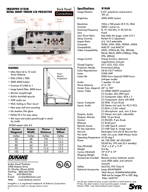 Page 2USB 
PC Less Presentation 
and Display Over USB 
USB 
Mouse 
RJ45 HDMI 
RGB 
RGB and 
Component 
RS232 Monitor Mic. 
Audio Out 
S-Video Video Audio In 2 
Audio In 1 
Audio in  3 
FEATURES
• Ultra Short (4 to 15 inch)                
throw distance
• XGA (1024 x 768)
• 3000 ANSI lumens
• Contrast of 2,000 to 1
• Large hybrid filter, 4000 hours
• Monitor Loopthrough
• Built-In Anti-theft security
• 10W audio out 
• Wall, Ceiling or floor mount
• New easy wall arm mounting
• No shadow /No glare
• Perfect...