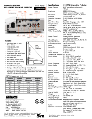 Page 2USB 
PC Less Presentation 
and Display Over USB 
USB 
Mouse 
RJ45 HDMI 
RGB 
RGB and 
Component 
RS232 Monitor Mic. 
Audio Out 
S-Video Video Audio In 2 
Audio In 1 
Audio in  3 
FEATURES
• Ultra Short (4 to 15 inch)   
throw distance
• WXGA (1280 x 800)
• 2500 ANSI lumens
• Contrast of 2,000 to 1
• Large hybrid filter, 4000 hours
• Built-In Anti-theft security
• 10W audio out 
• Wall, Ceiling or floor mount
• New easy wall arm mounting
• No shadow /No glare
• Perfect Fit 2 for easy setup
• Mic input and...