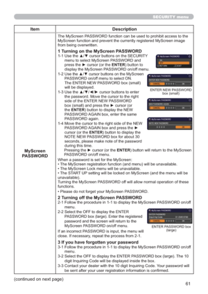 Page 6161
SECURITY menu
Item Description
MyScreen 
PASSWORD
The MyScreen PASSWORD function can be used to prohibit access to the 
MyScreen function and prevent the currently registered MyScreen image 
from being overwritten.
1 Turning on the MyScreen PASSWORD1-1  Use the ▲/▼ cursor buttons on the SECURITY 
menu to select MyScreen PASSWORD and 
press the ► cursor (or the ENTER) button to 
display the MyScreen PASSWORD on/off menu.
1-2  
Use the ▲/▼ cursor buttons on the MyScreen 
PASSWORD on/off menu to select...