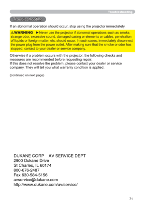 Page 7171
Troubleshooting
Troubleshooting
If an abnormal operation should occur, stop using the projector immediately.
Otherwise if a problem occurs with the projector, the following checks and 
measures are recommended before requesting repair. 
If this does not resolve the problem, please contact your dealer or service 
company. They will tell you what warranty condition is applied.
►Never use the projector if abnormal operations such as smoke, 
strange odor, excessive sound, damaged casing or elements or...