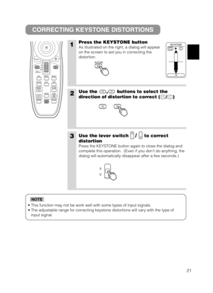 Page 2921
• This function may not be work well with some types of input signals.
• The adjustable range for correcting keystone distortions will vary with the type of
input signal.
NOTE
CORRECTING KEYSTONE DISTORTIONS
1Press the KEYSTONE button
As illustrated on the right, a dialog will appear
on the screen to aid you in correcting the
distortion. 
2Use the , buttons to select the
direction of distortion to correct ( / )
3Use the lever switch/ to correct
distortion
Press the KEYSTONE button again to close the...