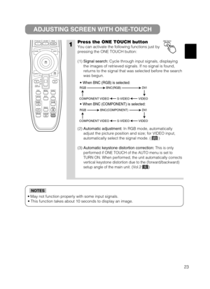 Page 3123
•May not function properly with some input signals.
• This function takes about 10 seconds to display an image.
NOTES
ADJUSTING SCREEN WITH ONE-TOUCH
1Press the ONE TOUCH button
You can activate the following functions just by
pressing the ONE TOUCH button:
(1) Signal search:Cycle through input signals, displaying
the images of retrieved signals. If no signal is found,
returns to the signal that was selected before the search
was begun.
(2) Automatic adjustment:In RGB mode, automatically
adjust the...