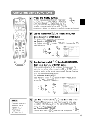 Page 3325
USING THE MENU FUNCTIONS
1Press the MENU button
The menu display appears on the screen. The projector
has the following menus: MAIN, PICTURE-1, PICTURE-2,
INPUT, AUTO, SCREEN, and OPTION, WIRELESS. When
you select a menu name using the lever switch  /  , the
current settings of items that can be manipulated from that menu are displayed.
2Use the lever switch  /  to select a menu, then
press the or ENTER button
The display of the selected menu appears.
[ex. Adjusting SHARPNESS]
Use the lever switch  /...