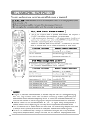 Page 3426You can use the remote control as a simplified mouse or keyboard.
OPERATING THE PC SCREEN
CAUTIONCaution: Mistaken use of the mouse/keyboard control could damage your equipment.
• Only connect to a PC.
• Before connecting, read the manuals of the device you will connect.
• Do not unplug the connector cables while the computer is operating.
• It may not be possible to control notebook PCs, and other computers with built-in pointing devices (e.g.
track balls), using this remote control. In this case,...