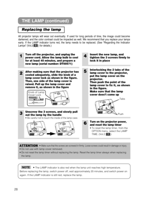 Page 3628
• The LAMP indicator is also red when the lamp unit reaches high temperature.
Before replacing the lamp, switch power off, wait approximately 20 minutes, and switch power on
again. If the LAMP indicator is still red, replace the lamp.NOTE
THE LAMP (continued)
Replacing the lamp
All projector lamps will wear out eventually. If used for long periods of time, the image could become
darkened, and the color contrast could be impacted as well. We recommend that you replace your lamps
early. If the LAMP...