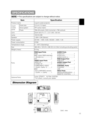 Page 50Dimension Diagram
Unit : mm




  
•This specifications are subject to change without notice.NOTE
SPECIFICATIONS
11
ItemSpecification
Product nameLiquid crystal projector
Liquid
crystal
panelPanel size3.3 cm (1.3 type)
Drive systemTFT active matrix
Pixels786,432 pixels (1024 horizontal x 768 vertical)
LensZoom lens F=1.7 ~ 2.3  f=49 ~ 64 mm
Lamp150 W UHB
Speaker1.0W+
1.0W (Stereo)
Power supplyAC100 ~ 120V, 3.0A / AC220 ~ 240V, 1.4A
Power consumption270W
Temperature range0 ~ 35°C...