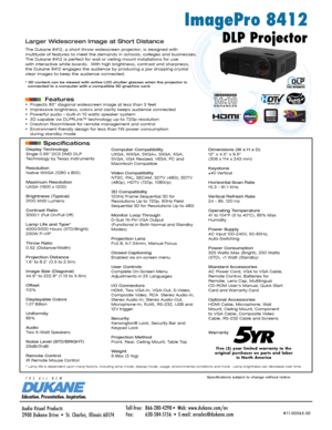 Page 1© Copyright 2010 Optoma Technology, Inc. DLP® and the DLP logo are registered trademarks of Texas Instruments. All ot\
her trademarks are the property of their 
    respective owners.  All specifications subject to change at any time\
.
    
www. optoma.com
Display Technology
Single 0.65 DC3 DMD DLP 
Technology by Texas Instruments
Resolution
Native WXGA (1280 x 800)
Maximum Resolution
UXGA (1600 x 1200)
Brightness (Typical)
3100 ANSI Lumens 
Contrast Ratio
3000:1 (Full On/Full Off)
Lamp Life and Type*...