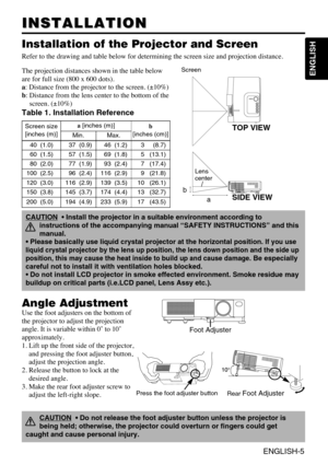 Page 17ENGLISH-5
ENGLISH
INSTALLATION INSTALLATION
Installation of the Projector and Screen
Refer to the drawing and table below for determining the screen size and projection distance.
Angle Adjustment
Use the foot adjusters on the bottom of
the projector to adjust the projection
angle. It is variable within 0˚ to 10˚
approximately.
1. Lift up the front side of the projector,
and pressing the foot adjuster button,
adjust the projection angle.
2. Release the button to lock at the
desired angle.
3. Make the rear...