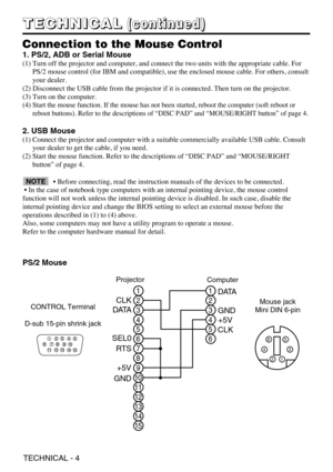 Page 40TECHNICAL - 4
T T T T
E E E E
C C C C
H H H H
N N N N
I I I I
C C C C
A A A A
L L L L(
( ( (
c c c c
o o o o
n n n n
t t t t
i i i i
n n n n
u u u u
e e e e
d d d d
) ) ) )
Connection to the Mouse Control
1. PS/2, ADB or Serial Mouse
(1) Turn off the projector and computer, and connect the two units with the appropriate cable. For
PS/2 mouse control (for IBM and compatible), use the enclosed mouse cable. For others, consult
your dealer.
(2) Disconnect the USB cable from the projector if it is connected....