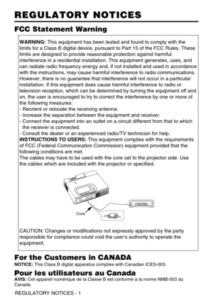 Page 48REGULATORY NOTICES - 1
REGULATORY NOTICES REGULATORY NOTICES
WARNING:This equipment has been tested and found to comply with the
limits for a Class B digital device, pursuant to Part 15 of the FCC Rules. These
limits are designed to provide reasonable protection against harmful
interference in a residential installation. This equipment generates, uses, and
can radiate radio frequency energy and, if not installed and used in accordance
with the instructions, may cause harmful interference to radio...