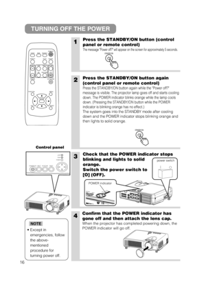 Page 1816
VIDEO
ASPECT
HOME
END
MUTE PA G E  D O W N
KEYSTONE FREEZEOFFON
MENU POSITION
ENTER
ESC RESET
PAGE UP VOLUME
MAGNIFY
AUTO BLANK RGB SEARCH
STANDBY/ON
1Press the STANDBY/ON button (control
panel or remote control)
The message Power off? will appear on the screen for approximately 5 seconds. 
3Check that the POWER indicator stops
blinking and lights to solid
orange.
Switch the power switch to
[O] (OFF).
4Confirm that the POWER indicator has
gone off and then attach the lens cap.
When the projector has...