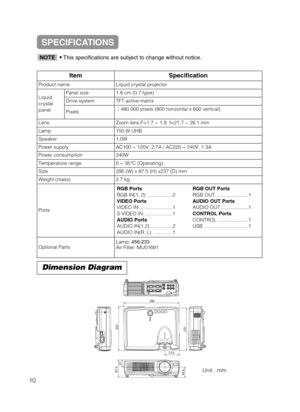 Page 41Dimension Diagram
Unit : mm
77.5
295
237
87.5
37
50.5231
ItemSpecification
Product nameLiquid crystal projector
Liquid 
crystal
panelPanel size1.8 cm (0.7 type)
Drive systemTFT active matrix
Pixels 480,000 pixels (800 horizontal x  600 vertical)
LensZoom lens F=1.7 ~ 1.9  f=21.7 ~ 26.1 mm
Lamp150 W UHB
Speaker1.0W
Power supplyAC100 ~ 120V, 2.7A / AC220 ~ 240V, 1.3A
Power consumption240W
Temperature range0 ~ 35°C (Operating)
Size295 (W) x 87.5 (H) x237 (D) mm
Weight (mass)2.7 kg
Ports
Optional...