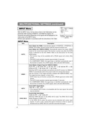 Page 46MULTIFUNCTIONAL SETTINGS (continued)
INPUT Menu
With the INPUT menu, the four items shown in the Table below can be
performed. With inputting of RGB IN 1 and RGB IN 2 signals, the
horizontal and vertical frequencies of the signals will be displayed on the
initial screen of the INPUT menu.
Perform each operation in accordance with the instructions in the Table.
4
ItemDescription
AUTO 
Auto Adjust (for RGB):Automatically adjusts H POSITION, V POSITION, H
PHASE, and H SIZE. Use this function with the...
