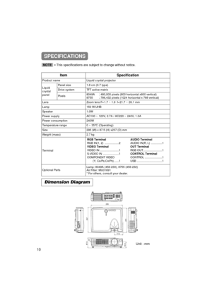 Page 52Dimension Diagram
Unit : mm
77.5
295
237
87.5
37
50.5231
ItemSpecification
Product nameLiquid crystal projector
Liquid 
crystal
panelPanel size1.8 cm (0.7 type)
Drive systemTFT active matrix
Pixels8049A480,000 pixels (800 horizontal x600 vertical)
8755786,432 pixels (1024 horizontal x 768 vertical)
LensZoom lens F=1.7 ~ 1.9  f=21.7 ~ 26.1 mm
Lamp150 W UHB
Speaker1.0W
Power supplyAC100 ~ 120V, 2.7A / AC220 ~ 240V, 1.3A
Power consumption240W
Temperature range0 ~ 35°C (Operating)
Size295 (W) x 87.5 (H) x237...