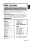 Page 11ENGLISH
Liquid Crystal Projector
USERS MANUAL USERS MANUAL
ENGLISH-1
Thank you for purchasing this liquid crystal projector.
CONTENTS CONTENTS
Page
FEATURES .......................................2
BEFORE USE ...................................2
Contents of Package ..............................2
Part Names.............................................3
Loading the Battery ................................5
Fixing the Handle....................................5
INSTALLATION...