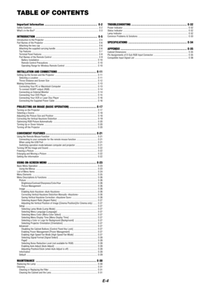 Page 4E-4
TABLE OF CONTENTS
Important Information ..................................................... E-2Safety Cautions ........................................................................\
....................................... E -2
Whats in the Box? ........................................................................\
.................................. E-3
INTRODUCTION .............................................................. E-5Introduction to the Projector...