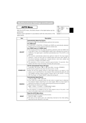 Page 3129
MENU
MAIN
PICTURE-1
PICTURE-2
INPUT
AUTO
SCREEN
OPTIONADJUST
POWER OFF
SEARCH
RESET0 min
TURN ON
: SELECT
AUTO Menu
With the AUTO menu, the items shown in the table below can be
performed. 
Perform each operation in accordance with the instructions in the
table below.
ItemDescription
ADJUST
Automatically Adjust the Picture:
Pressing the  or the ENTER button performs this function.
At a RGB input:
• V POSITION, H POSITION, H PHASE and HSIZE are automatically adjusted.
Please use this function with the...