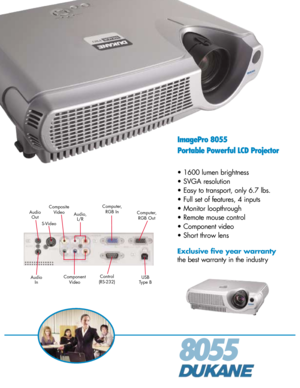 Page 18055
ImagePro 8055
Portable Powerful LCD Projector
• 1600 lumen brightness
• SVGA resolution
• Easy to transport, only 6.7 lbs.
• Full set of features, 4 inputs
• Monitor loopthrough
• Remote mouse control
• Component video
• Short throw lens
Exclusive five year warranty
the best warranty in the industry
Audio,
L/R
Audio
InComposite
VideoComputer,
RGB In
Control
(RS-232) Component
Video S-VideoAudio
Out
USB
Type B
Computer,
RGB Out 