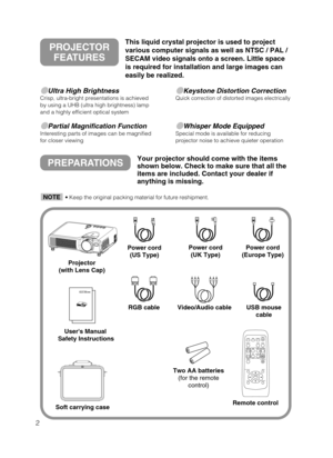 Page 32
Ultra High BrightnessCrisp, ultra-bright presentations is achieved
by using a UHB (ultra high brightness) lamp
and a highly efficient optical system
Partial Magnification FunctionInteresting parts of images can be magnified
for closer viewing 
Keystone Distortion CorrectionQuick correction of distorted images electrically
Whisper Mode EquippedSpecial mode is available for reducing
projector noise to achieve quieter operation
PREPARATIONSYour projector should come with the items
shown below. Check...