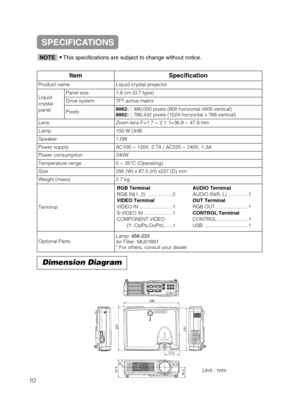 Page 40Dimension Diagram
Unit : mm
77.5
295
237
87.5
37
50.5231
ItemSpecification
Product nameLiquid crystal projector
Liquid
crystal
panelPanel size1.8 cm (0.7 type)
Drive systemTFT active matrix
Pixels8062: 480,000 pixels (800 horizontal x600 vertical)
8802: 786,432 pixels (1024 horizontal x 768 vertical)
LensZoom lens F=1.7 ~ 2.1  f=36.8 ~ 47.8 mm
Lamp150 W UHB
Speaker1.0W
Power supplyAC100 ~ 120V, 2.7A / AC220 ~ 240V, 1.3A
Power consumption240W
Temperature range0 ~ 35°C (Operating)
Size295 (W) x 87.5...