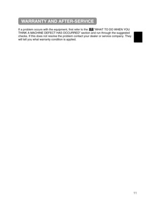 Page 41If a problem occurs with the equipment, first refer to the        “WHAT TO DO WHEN YOU
THINK A MACHINE DEFECT HAS OCCURRED” section and run through the suggested
checks. If this does not resolve the problem contact your dealer or service company. They
will tell you what warranty condition is applied.
WARRANTY AND AFTER-SERVICE
11
7
$1487PM&
y