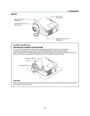 Page 135
1. Introduction
For8767A and8070 only
Attaching the supplied carrying handle
You can carry the projector by attaching the supplied carrying handle securely to the projector.
To attach the supplied carrying handle, use the supplied flathead screwdriver and two screws.
Place a soft cloth on the working surface before turning the projector over to prevent scratching the top cover.
Make sure that the carrying handle is attached with correct orientation as shown below.
Bottom
Adjustable Tilt Foot
(See page...
