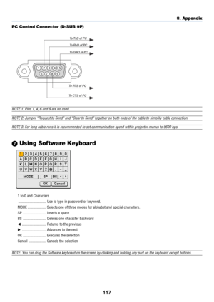 Page 127
117
8. Appendix
 Using Software Keyboard
1 to 0 and Characters
.............................. Use to type in password or keyword.
MODE .................... Selects one of three modes for alphabet and special characters.
SP ......................... Inserts a space
BS ......................... Deletes one character backward
 .......................... Returns to the previous
 .......................... Advances to the next
OK ......................... Executes the selection
Cancel ......................